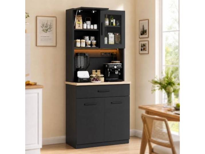 JUMMICO Küchenschrank mit Arbeitsplatte & Steckdose, Buffetschrank LED Soft-Close, Vorratsschrank Höhenverstellbar Verstärkte Rückwand, Mehrzweckschrank Küche Wohnzimmer (Schwarz*80CM)