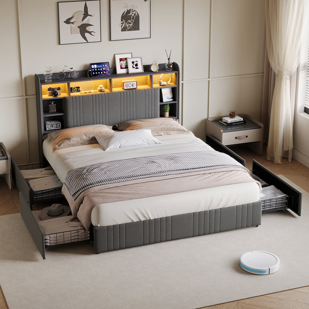 Ivy Bronx Upholstered Storage Bed Grey European Double (140 x 200 cm)