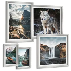 BILDER SET 5er Set - 50x50 cm & 20x30 cm & 40x60 cm Silberner Rahmen - Berge, Seen, Wasserfall, Wolf
