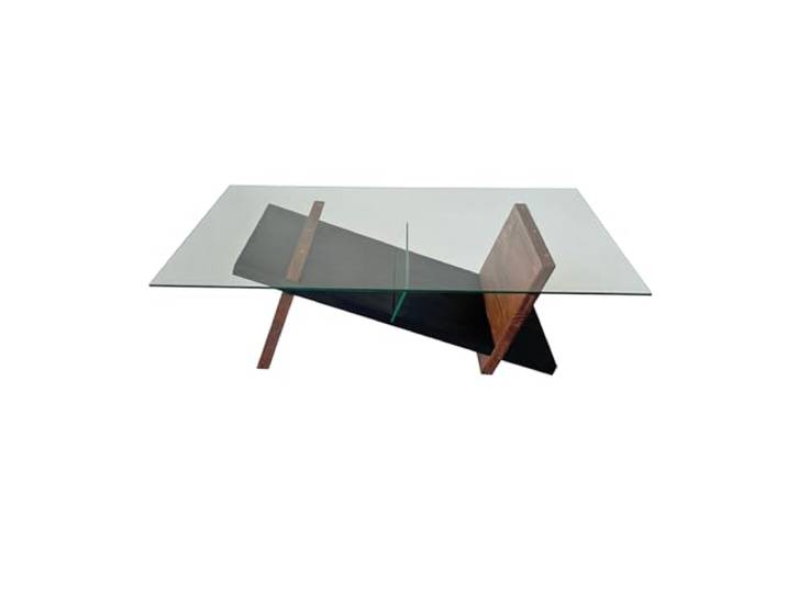 Hanah Home Modern Coffee Table, 105 cm x 31 cm x 65 cm 100% Tempered Glass & Pine Solid Wood Frame Black & Chestnut Colors Stylish & Functional Design