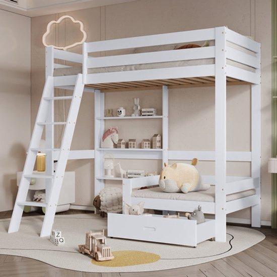 Einzelbett - Kinderbett - Halbhochbett - Stapelbett - Weiss - 90x200 cm - Raumsparend - Mit Sitzfläche Und Schublade - Stabiles Massivholzgestell