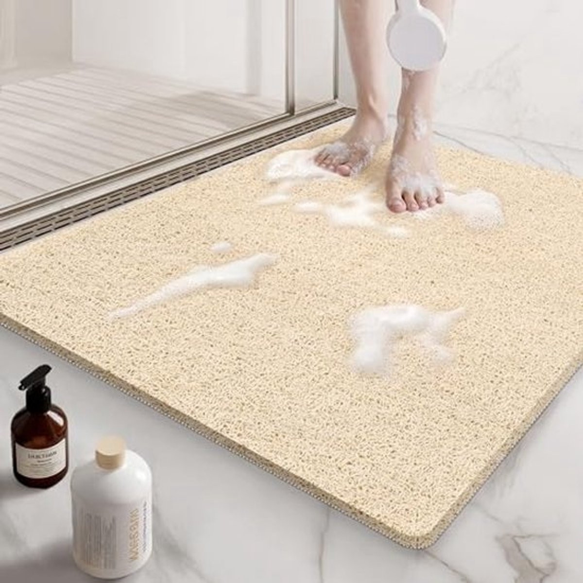 Beige antislip douchemat, sneldrogende badmat op maat te knippen, 61 x 61 cm