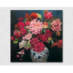 La Casa »Chrysanthemenstrauß in einer Vase« Ölbild handbemalt 110x110 cm auf Leinwand