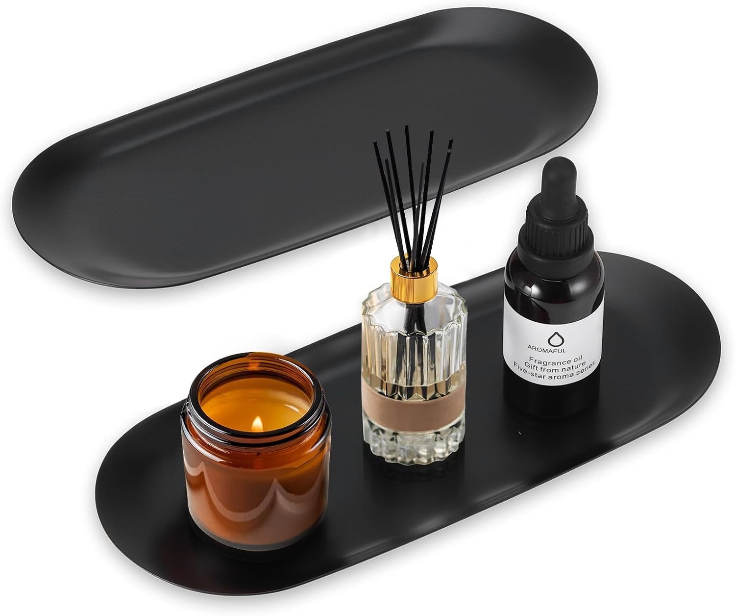 Decoratieve Tray Set van 2 stuks, elegante ovale badkamertrays van zwart RVS