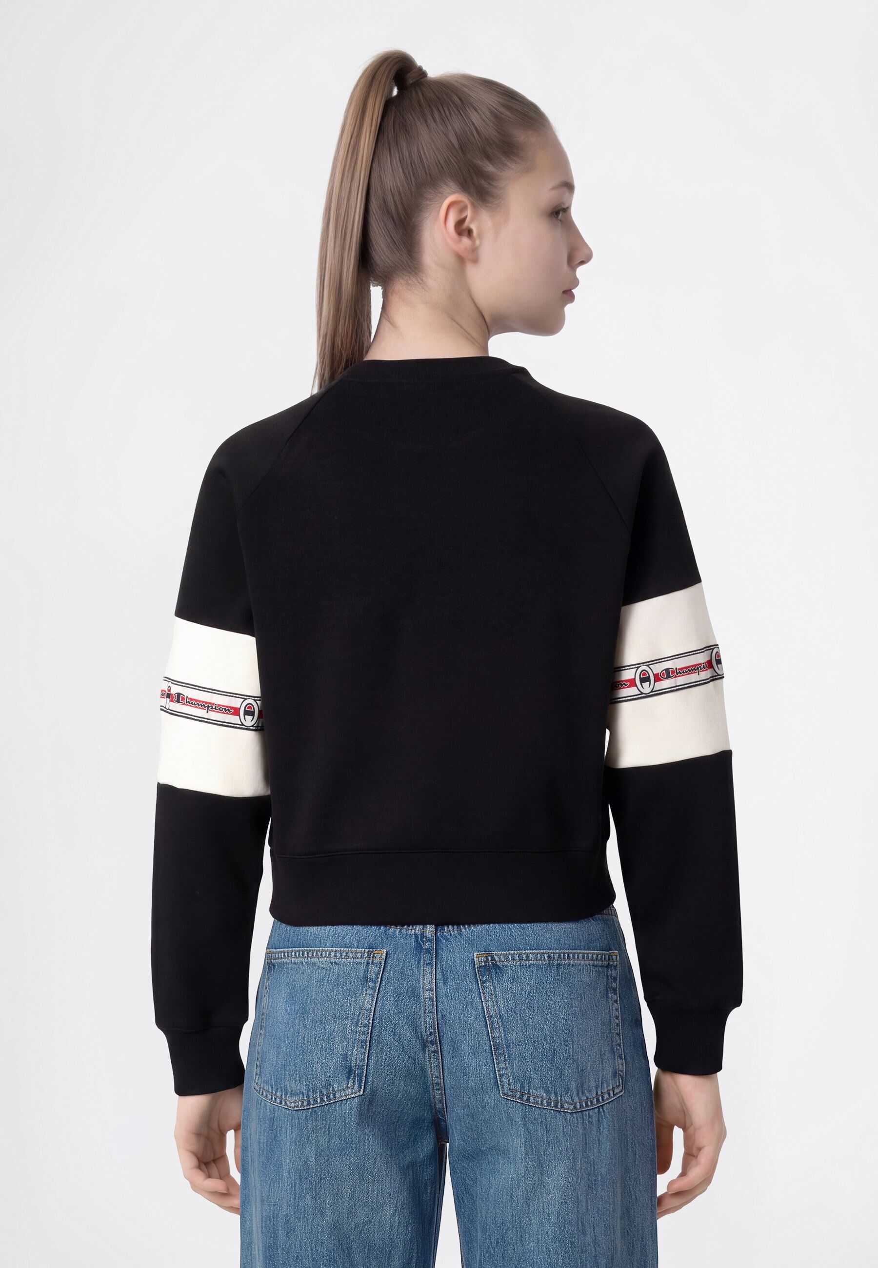 Sweatshirt CHAMPION "SPORTWEAR CREWNECK Standard Fit", Mädchen, Gr. M, schwarz (nbk, egt), Obermaterial: 75% Baumwolle, 25% Polyester, Sweatshirts Sweatshirt, für Kinder, sportlicher Stil, mit Crewneck-Ausschnitt, Langarm-Design nbk, egt M