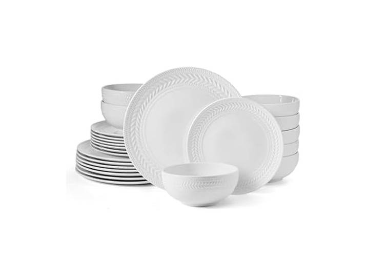 Pfaltzgraff Josephine Geschirr-Set, Porzellan, Weiß, 24-teilig Komplettservice für 8 Personen, geprägtes Korbgeflecht, langlebiges weißes Porzellan, mikrowellen- und spülmaschinenfest