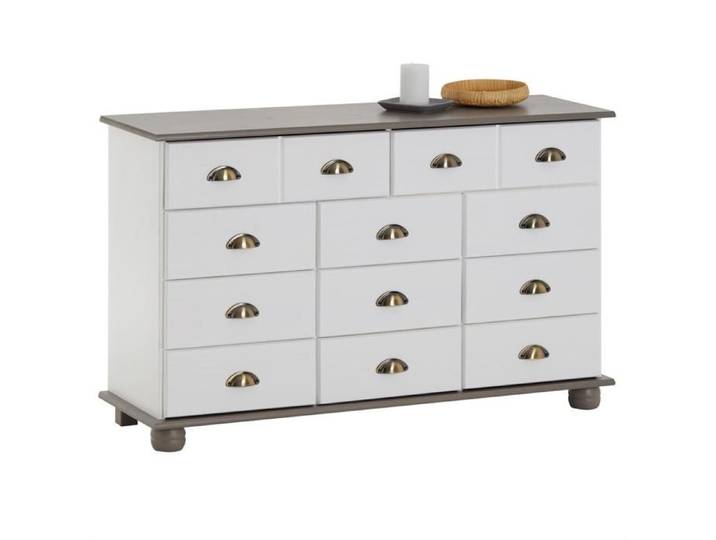 Commode COLMAR chiffonnier apothicaire rangement avec 11 tiroirs en pin massif lasuré blanc et taupe