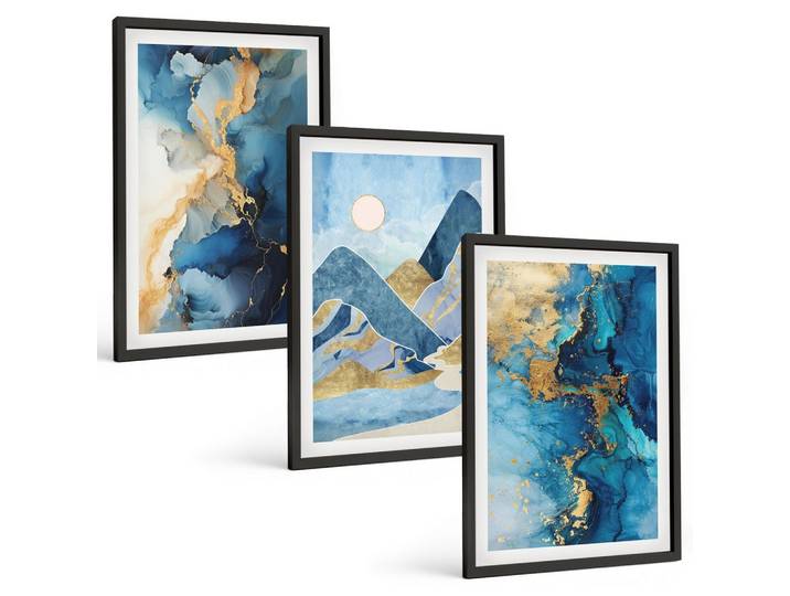 BILDER SET 3er Set - 40x60 cm Schwarzer Rahmen - Abstrakte Muster der Blue Mountains