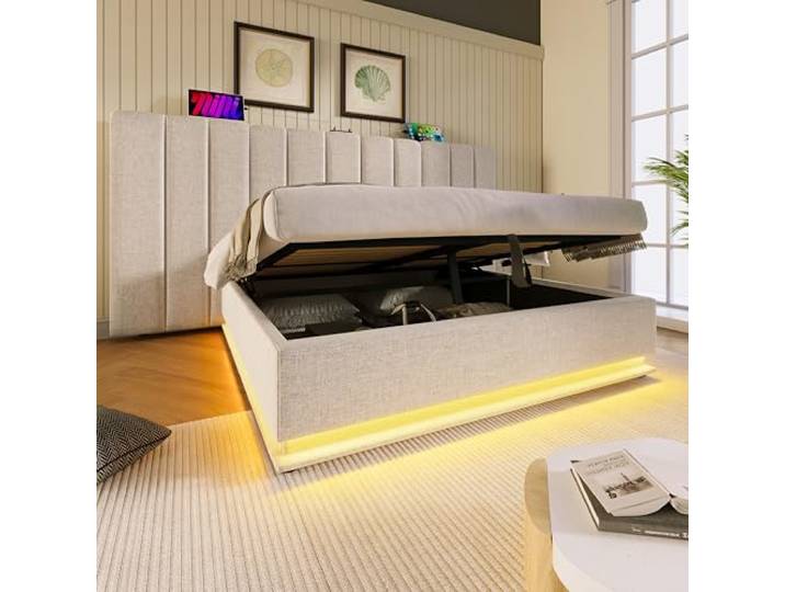 FAVSH Polsterbett 160x200CM mit Bettkasten, Doppelbett Stauraumbett App Control LED und USB-C Ladefunktion, Doppelbett mit Lattenrost Jugendbett Stauraumbett Bettgestell Leinen Ohne Matratze, Beige