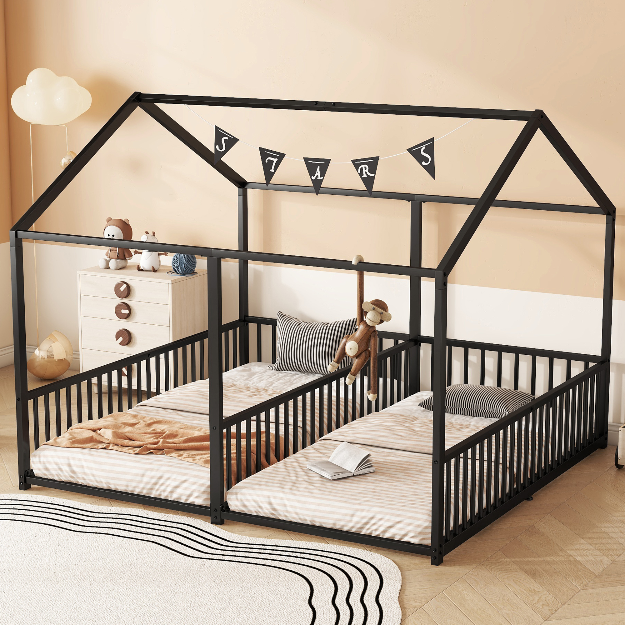 MODFU Jugendbett 90×200cm Kinderbett mit Matratzen&Lattenrost inkl. Geländer Doppel-Kinderbett im Hausdesign,Schwarz