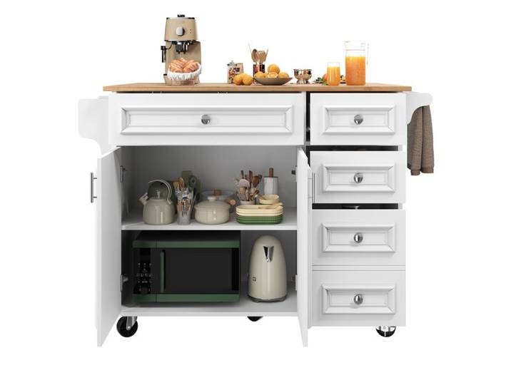 Îlot de cuisine pliable blanc – Chariot de service MDF et métal – Avec roulettes rangement intégré