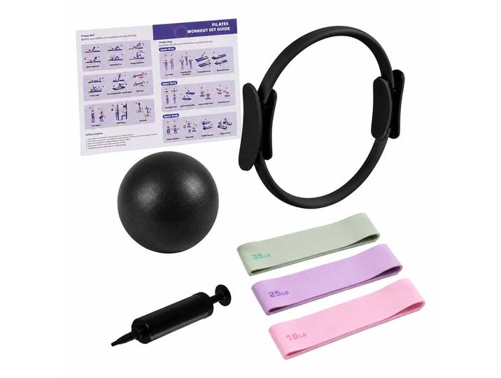 Relaxdays Kit Pilates\, 6 Pièces\, Accessoires Maison\, Noir\, Anneau\, Ballon Avec Pompe\, 3 Bandes De Résistance