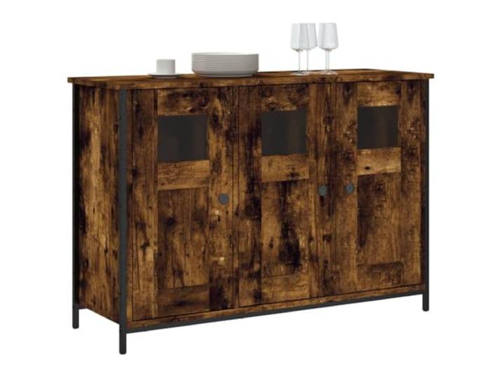 KTHLBRH Anrichte Eiche Rauch 100 x 35 x 70 cm Holz mehrschichtig Glastüren, verstellbare Füße, großer Stauraum, Ausstellungsfläche