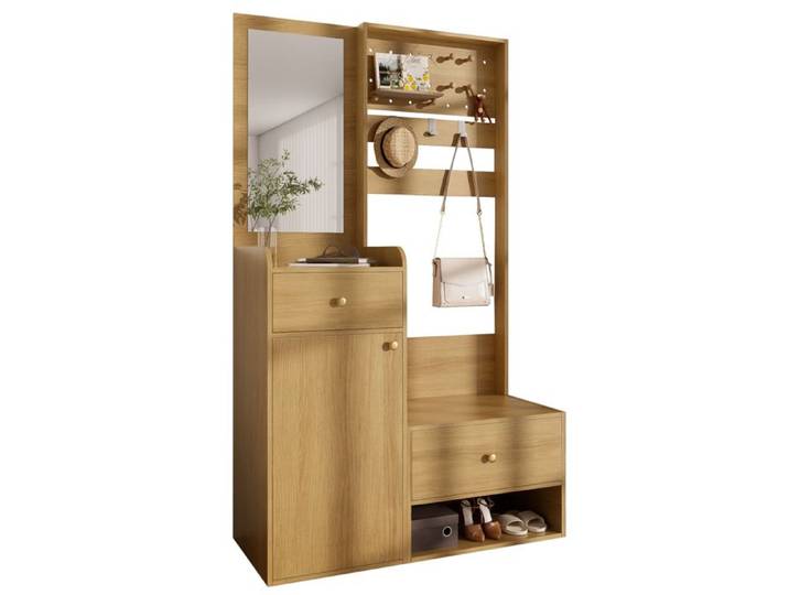 ELVORIN vestiaire d entree avec miroir 105 x 38 x 180 cm decor bois 2 tiroirs placard ferme crochets reglables