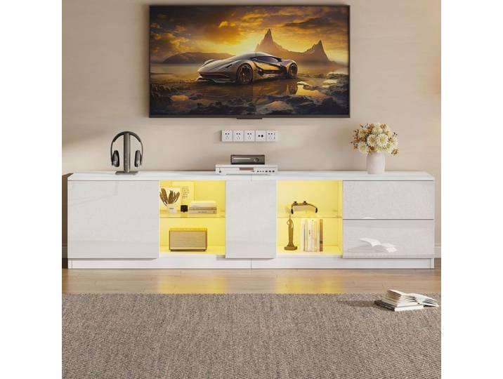 Meuble TV 160 x 40 x 52 cm commode brillante avec 2 tiroirs 1 porte rangement ouvert éclairage LED - Blanc