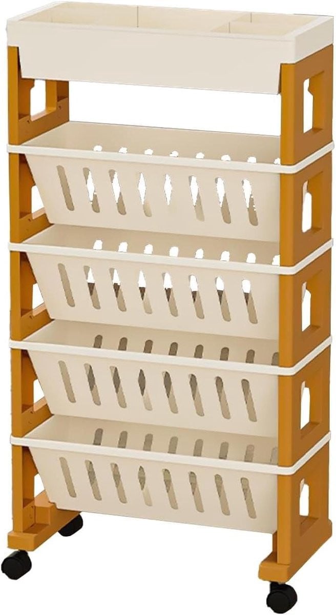 Mobiele Boekenplank met 5 Niveaus en Rollers - Geel