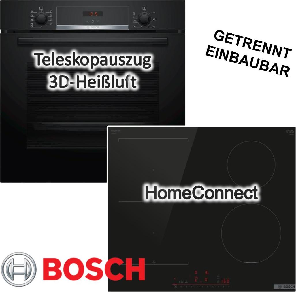 BOSCH Backofen Set Schwarz Hydrolyse Pizzafunktion Teleskopauszug Induktionskochfeld Home Connect
