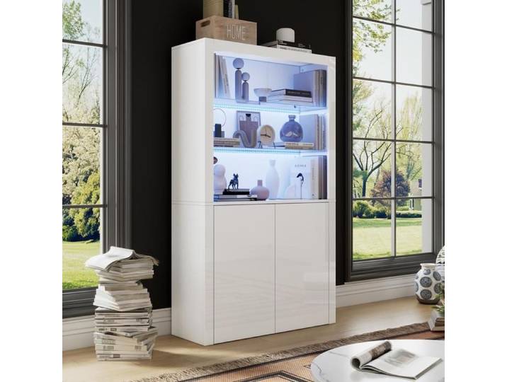 Vitrine en Verre LED meuble haut brillant noir Vitrine pour Collection avec 2 portes 3 étages bande lumineuse