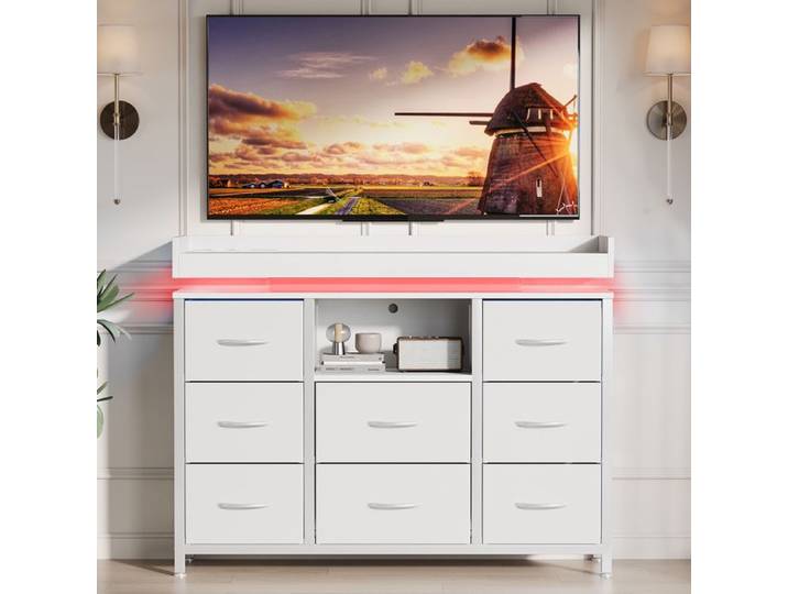 DADEA Commode 8 tiroirs LED meuble rangement chambre adulte armoire de rangement avec LED commode chambre scandinave Blanc