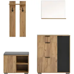 GARDEROBEN-SET 140 cm Natur & Schwarz – Flurmöbel mit Spiegel, Schuhbank & 4 Türen Modern