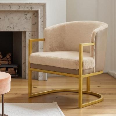 Modern Faux Rabbit Fur Accent Armchair with Gold Iron Frame, Upholstered Plush Lounge Chair with Ergonomic Curved Back