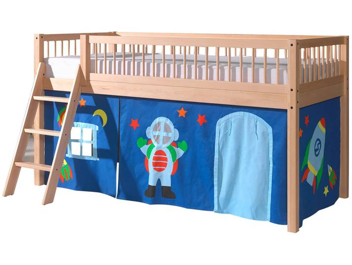 Spielbett VIPACK Forrest, Absturzschutz mit Sprossen-Optik, Pfostenstärken ca. 50x50mm , blau (buche natur lackiert, buche natur lackiert, buche natur lackiert), B:135,5cm H:114cm L:207,5cm, Betten, Spielbett, 90/200 cm, Spielbereich unter dem Bett, 2 Textil-Set´s zur Wahl