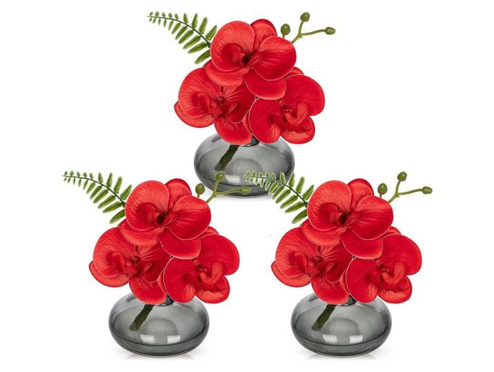 Kunstblumen 3er Set mit Glasvase Rot, Kunststoff, 16 cm, Dekoration, Blumen & Blumentöpfe, Kunstblumen