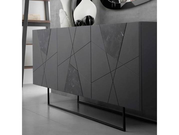Buffet bas - ADEL - 3 portes inserts en verre effet marbre - Noir - Mat