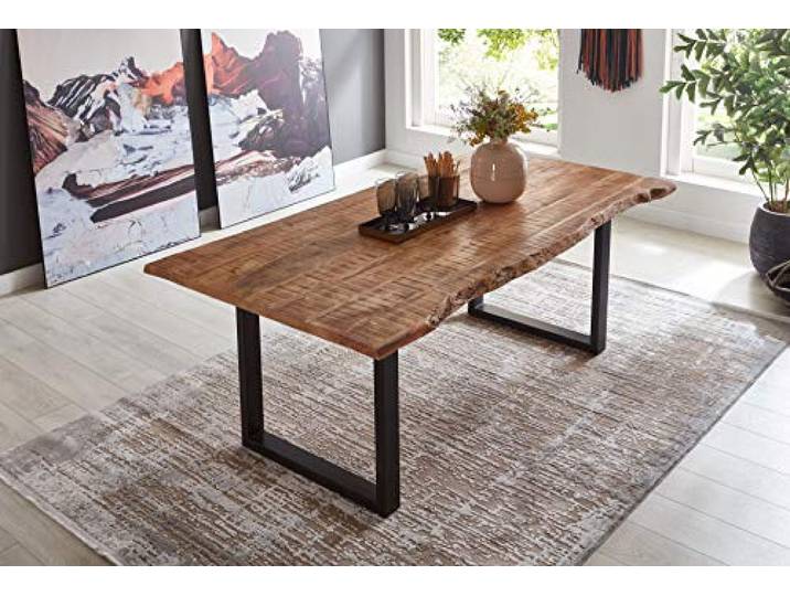 SAM Esstisch Dora 220x100 cm Mangoholz Baumkante U-Gestell schwarz Baumkantentisch massiv, naturfarben lackiert, 26 mm Tischplatte, Metallgestell