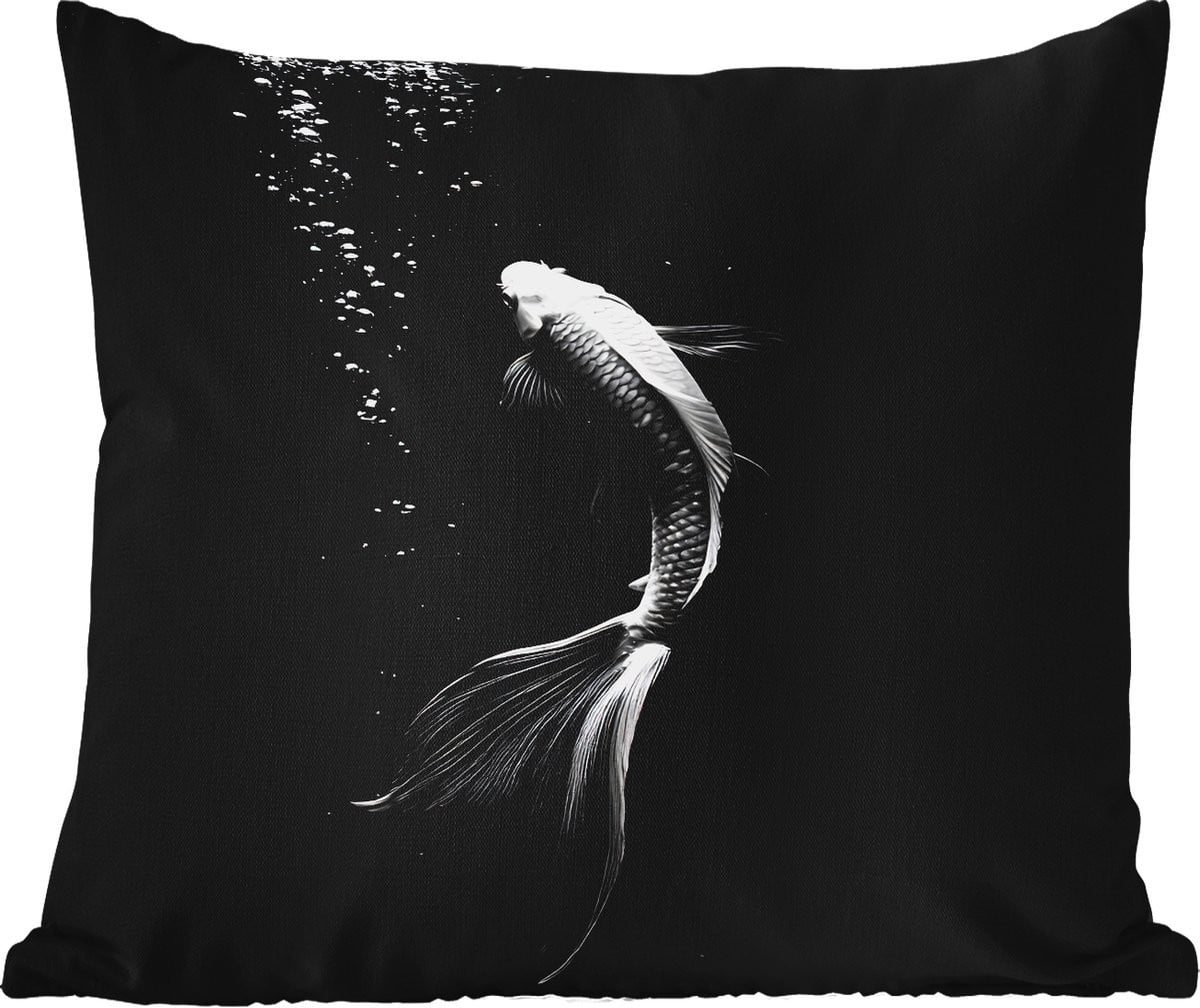 PillowMonkey Buitenkussen Weerbestendig Koi Vis Wit Zwart 50 x 50 cm