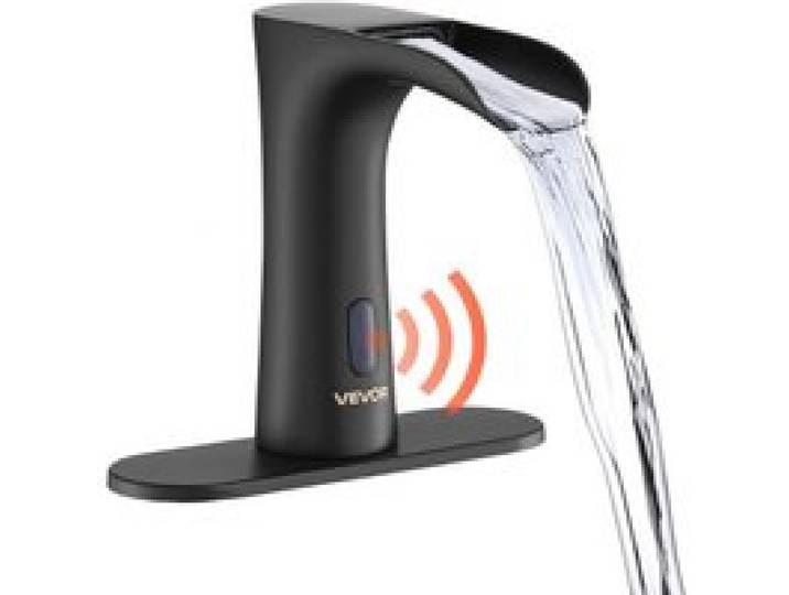 VEVOR berührungsloser Waschtischhahn (Mattschwarz) Badezimmer, automatische Waschtischarmatur, Sensorhahn mit Lochabdeckung, batteriebetriebener Wasserhahn Toilettenhahn Waschbeckenarmatur