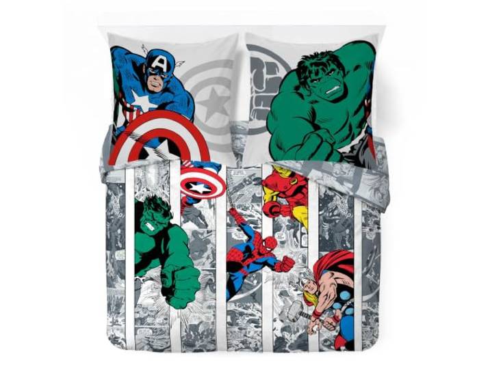Marvel Comics Superhelden Bettwäsche-Set 100% Baumwolle, Mehrfarbig Doppelbett, 200x200/80x80 cm, 3-teilig, Offizielles Produkt, Bett Schlafzimmer, Maschinenwaschbar, Geschenk