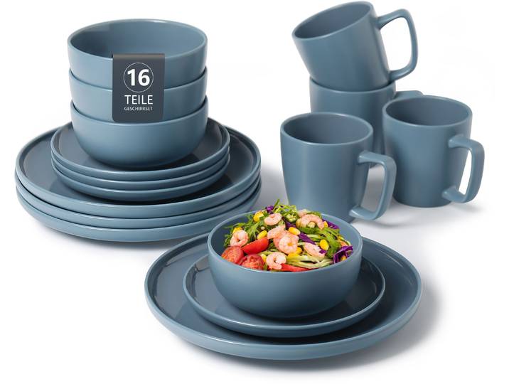 Geschirr-Set GOODPRODUCT TOMMIK, aussen matt, innen glänzend, Steinzeug, 16 Teile für 4 Personen , blau, 16 Stk., Steinzeug, Geschirr-Sets, Geschirr-Set, spülmaschinenfest und mikrowellengeeignet