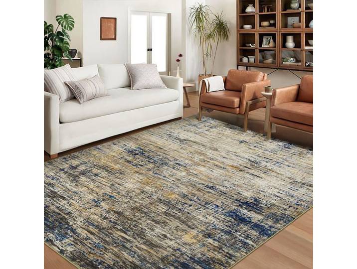 Tapis lavable machine anti‑taches poils courts 200x290cm salon‑chambre‑couloir bleu‑chameau
