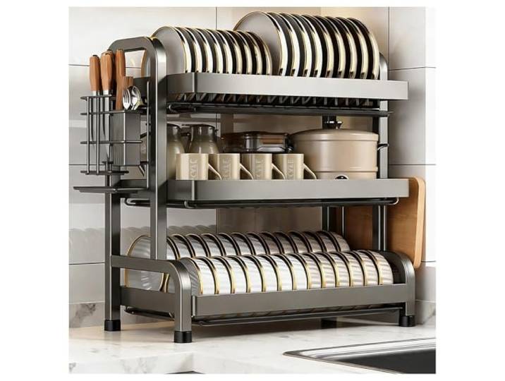 GAOHONGMEI Geschirrabtropfgestell mit Abtropfschale – Küchenspülen-Organizer mit großem Fassungsvermögen, rostfreies Geschirrtrockengestell mit Besteckhalter, platzsparendes Design(3 Tier,52cm)