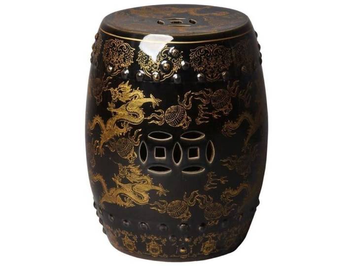 Tabouret de jardin en céramique Dragon Noir B33*H45cm - Fine Asianliving - Style exotique - Fait à la main