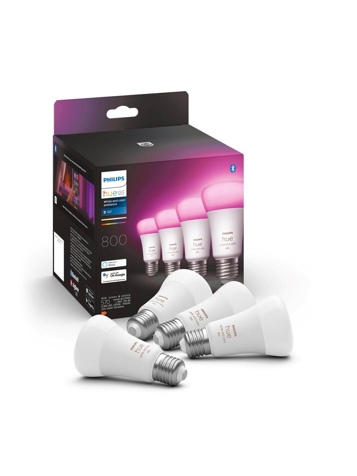 Philips Hue Color A60 E27 806 Lumen, 4er-Pack