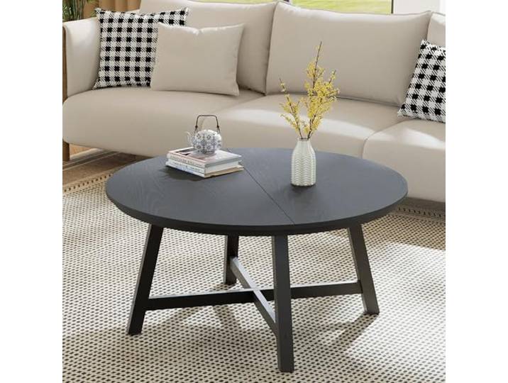GarveeMore Industrial runder Couchtisch 91 cm, Holzmaserung-Tischplatte verstärkte Metallbeine, höhenverstellbare Füße, stabil & einfache Montage – Schwarz