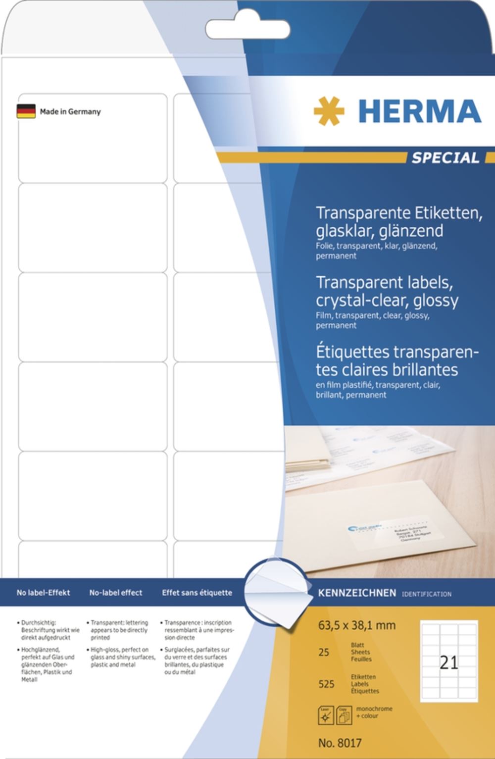Herma 8017 glasklar Folie Universal-Etiketten 6.35x3.81 cm (25 Blatt (600 Etiketten))