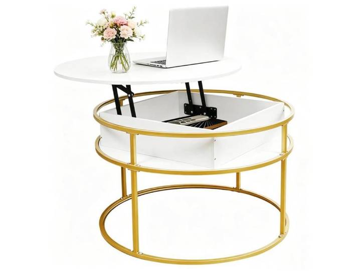 2 en 1 Table Basse Ronde Relevable 60x60 cm avec Compartiment de Rangement Caché VIVOLILV Table basse Marbre Blanc et Métal Doré