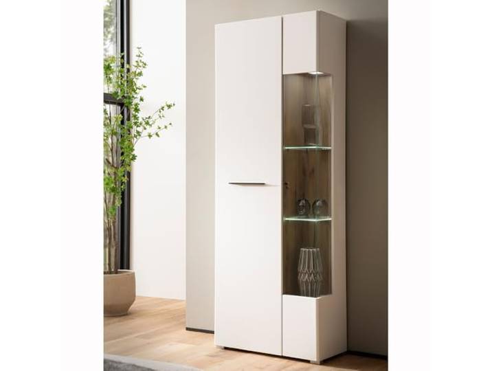 Lomadox Vitrine Vitrinenschrank Standvitrine inkl. LED Beleuchtung weiß mit Eiche spiegelverkehrt montierbar 72x200x34,5 cm
