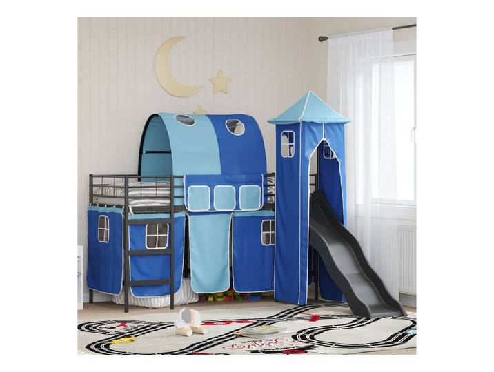 furnicato Bett Kinderloftbett 100 x 190 cm Schwarz-Blau (1-tlg), Zusammenklappbares Hochbett mit Vorhängen für dein Kinderzimmer