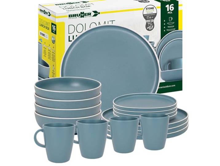 BRUNNER Melamin Geschirr-Set Camping 16-Teilig DOLOMIT Lunch Box Stapelbar Antislip (Antirutsch), 2-4 Personen, wie Steingut (StoneTouch), Bruchfest, Teller & Kaffe-Becher, Wohnmobil Wohnwagen Boot