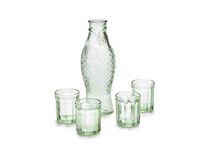 Serax Fish & Fish Glaswaren-Geschenkset mit 1 grüner Karaffe und 4 Gläsern Paola Navona Design gepresste Glaswaren originelle Geschenkidee für Zuhause