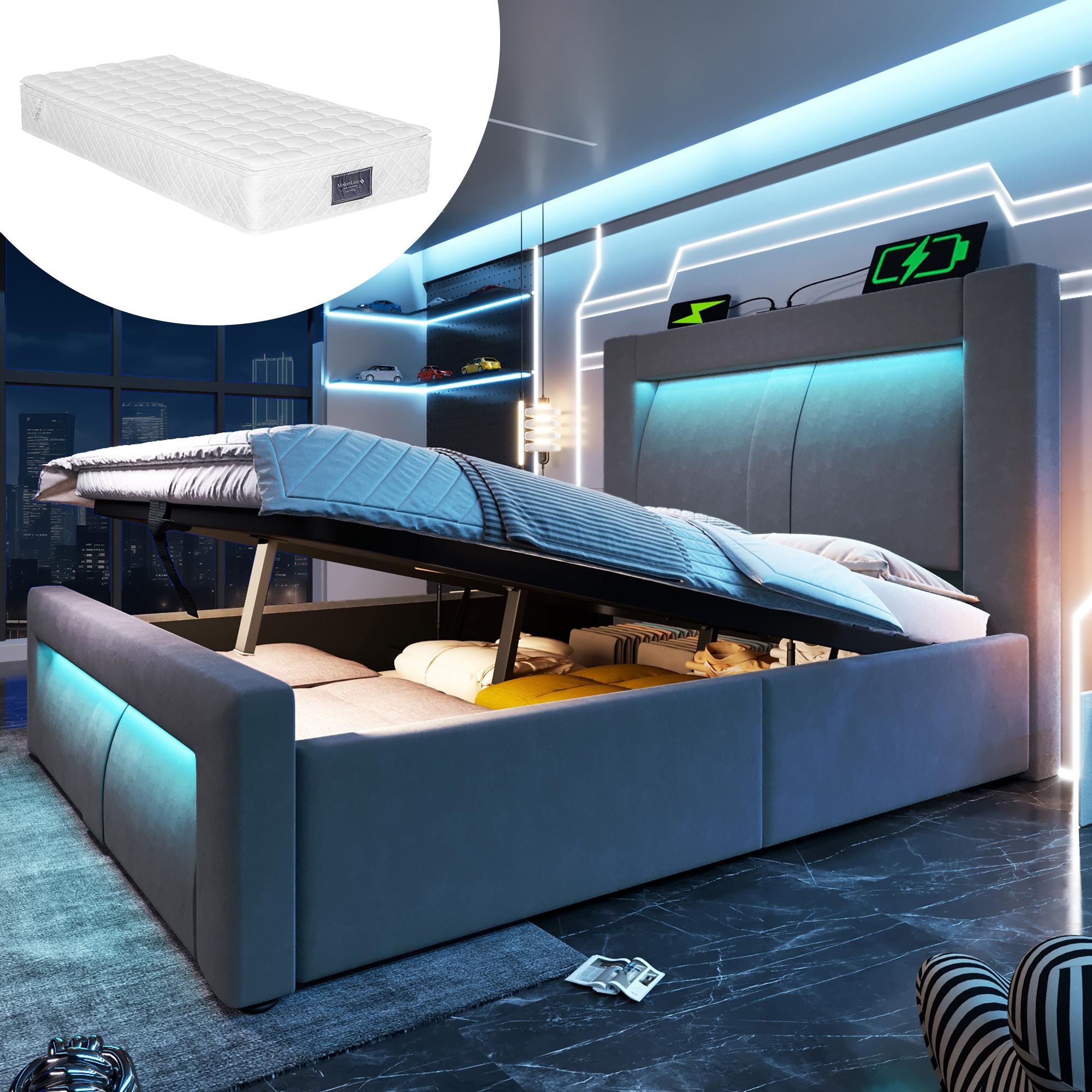 Einzelbett 90x200 cm mit Stauraum, hydraulisches Bett, LED-Beleuchtung mit App-Steuerung, USB- & Type-C-Ladeanschlüsse, Grau, mit Matratze