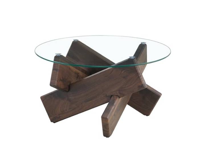 FurnitureR Couchtisch 79 x 79 x 45 cm, dunkle Holzoptik, runder Glastisch mit kreuzförmigem MDF-Gestell, aus MDF und Glas, für Wohnzimmer, Sofa, Lounge und Apartment, Wohnzimmer Sofa Lounge