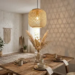 Hängelampe Pendelleuchte Deckenlampe Wohnzimmer Hängeleuchte Bambus Boho Optik in naturfarben, Metall schwarz, 1x E27, DxH 23x135 cm
