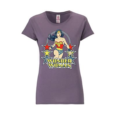 T-Shirt LOGOSHIRT "Print DC Comics Wonder Woman Stars", Damen, Gr. XS, lila, 100% Baumwolle, bedruckt, lang, Rundhals, Shirts T-Shirt, mit lizenziertem Print