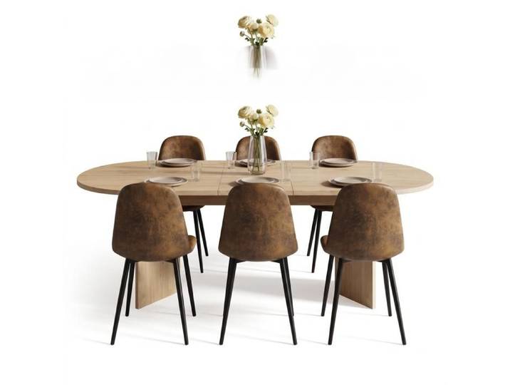 Ensemble repas 7 pcs - FURNITURER - Ensemble repas - Table ovale 120-160 cm - Chaises faux suède - Pieds métal