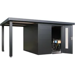 Wolff Finnhaus Premium Metall Gartenhaus Thorin 5324 Anthrazit inkl. 240 cm Anbaudach Lounge-Anbau links